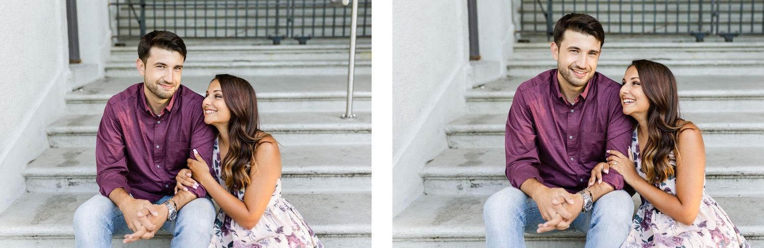 Side by side images of couple sitting on steps sharing tender moments.