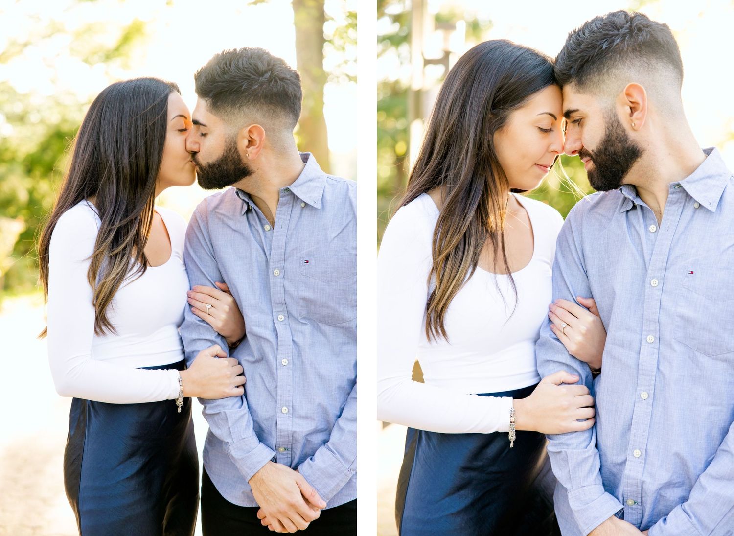 An intimate couple's photoshoot showing tender moments between them in an outdoor setting.