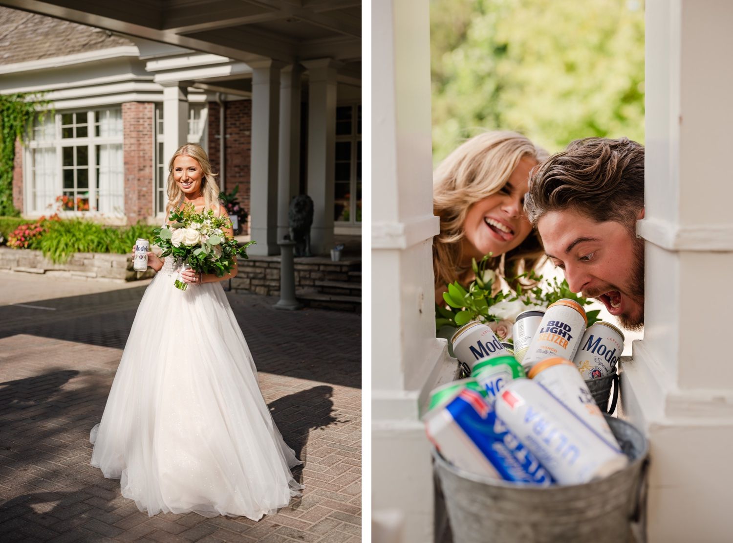 A playful wedding photo collage showing bridal portraits and candid moments near a traditional building.