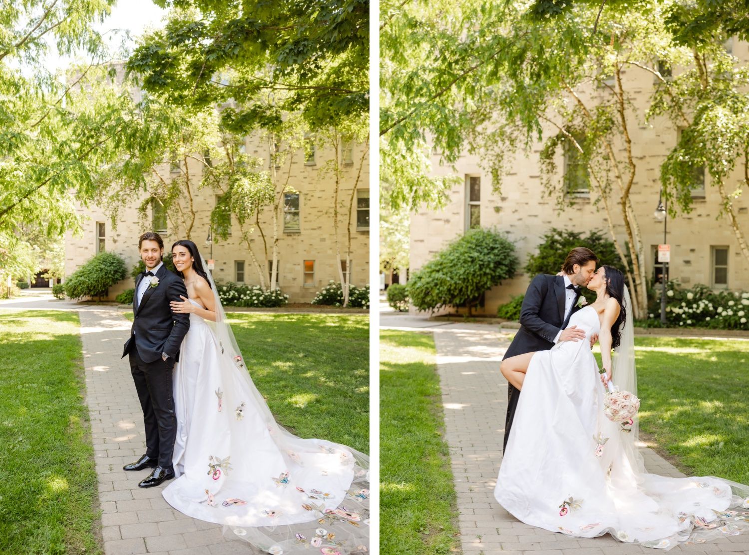 Split wedding photo showing couple in full-length poses on garden path with trailing bridal veil.