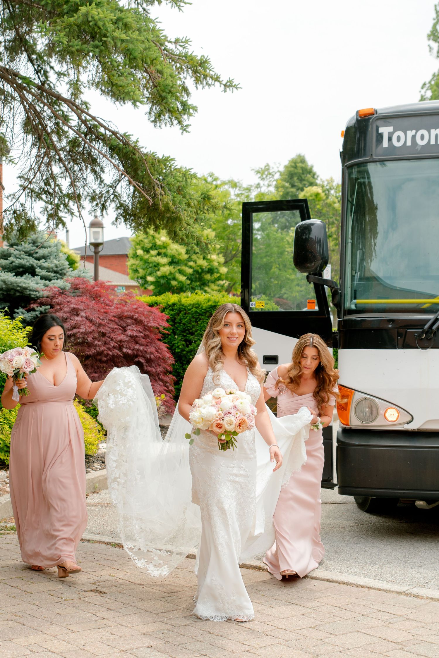 Wedding party with bridesmaids in pink dresses walking near a Toronto bus on a sunny day.