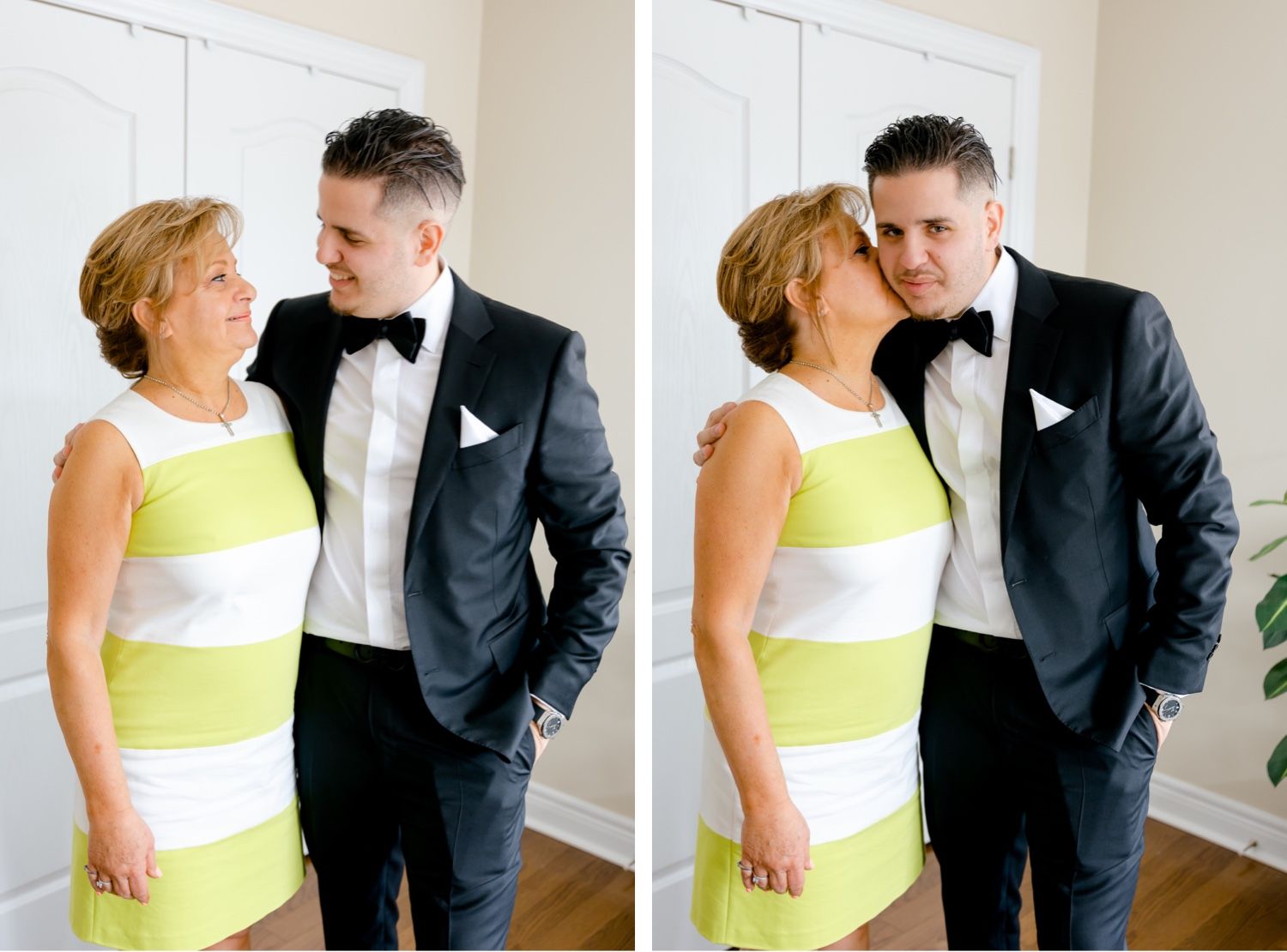 Tender moment shared between woman in striped dress and groom.