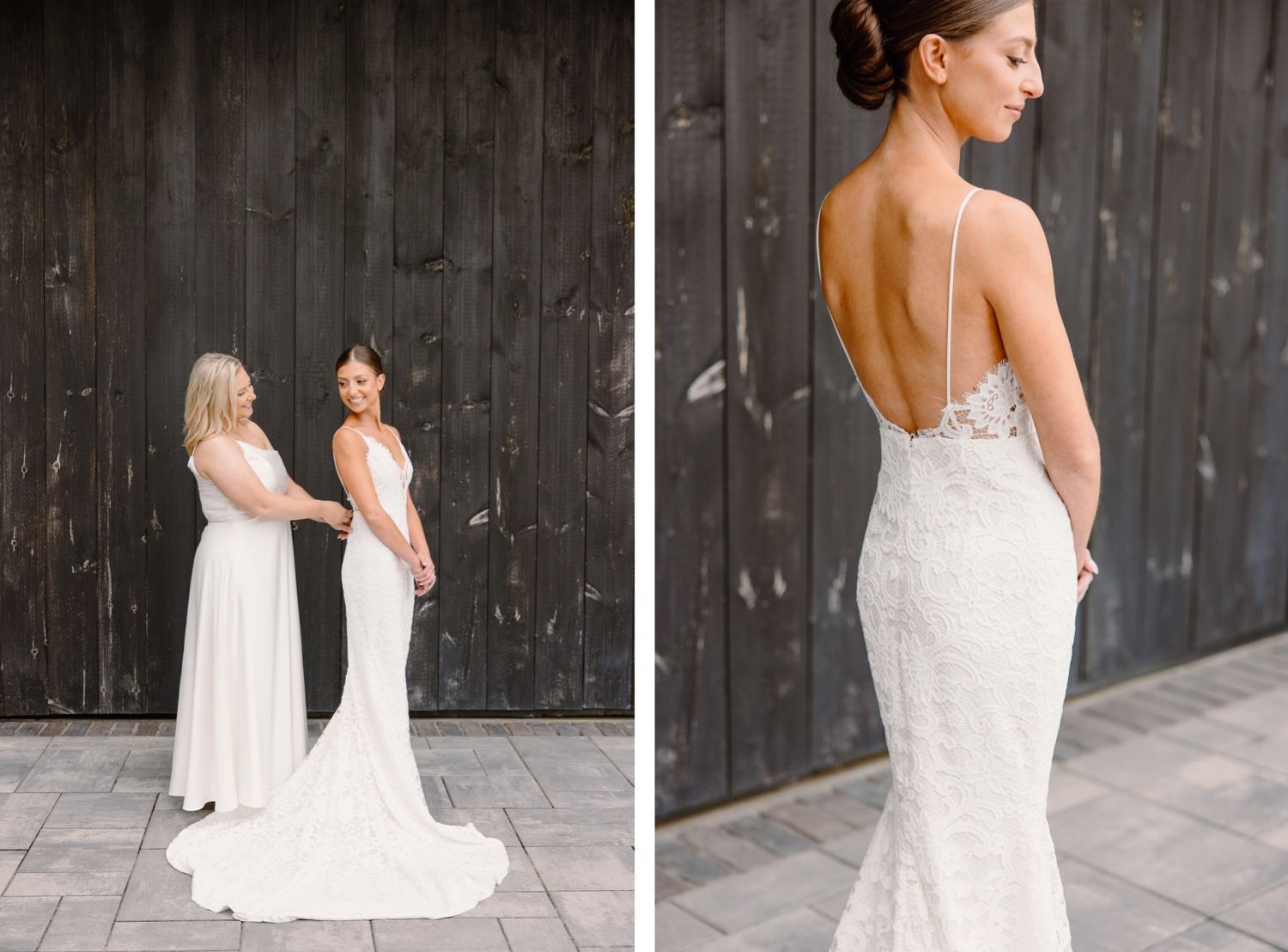 Wedding gown details showing intricate lace back design and full-length silhouette.