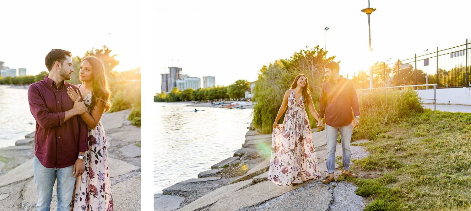 Side-by-side romantic portraits of couple at sunset by waterfront path.