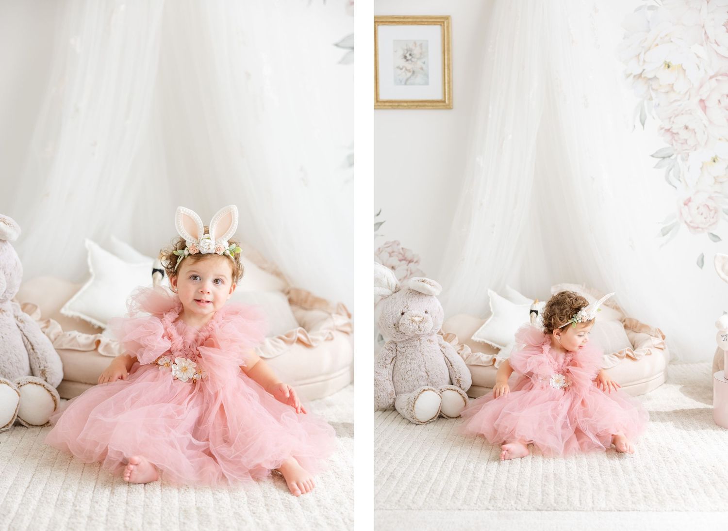 Two images of a toddler in a pink tulle dress and floral crown sitting among plush toys.