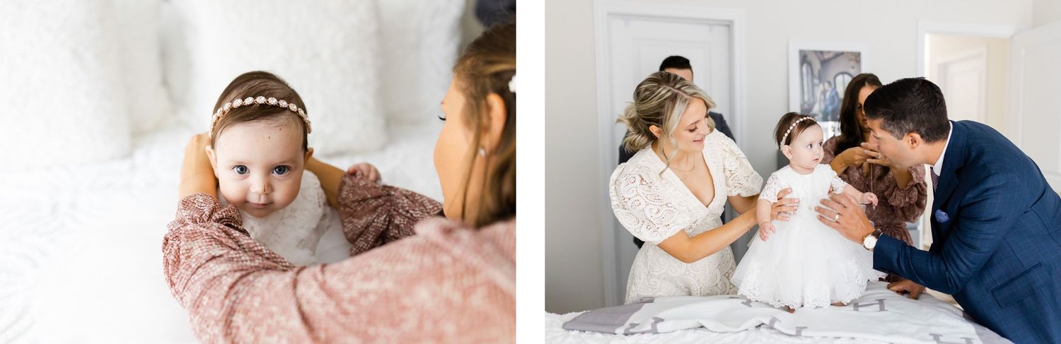 Candid family moments captured in side-by-side photos on white bed.