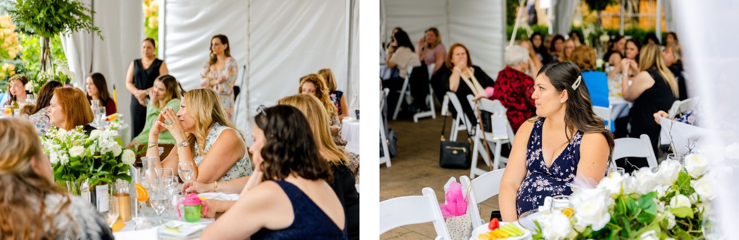 Outdoor wedding reception with guests seated at decorated tables under white tent.