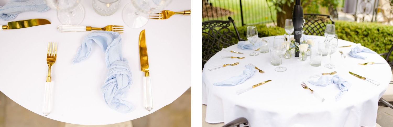 White reception tables with blue watercolor accents and gold cutlery set for a celebration.