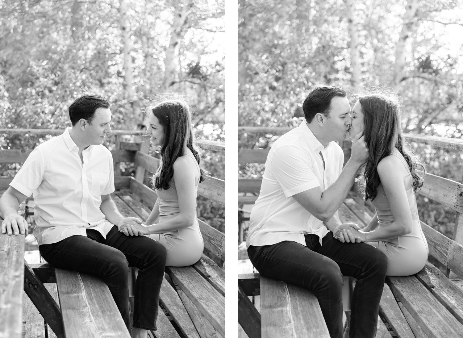 Black and white diptych of a couple sharing intimate moments while sitting on a wooden bench.