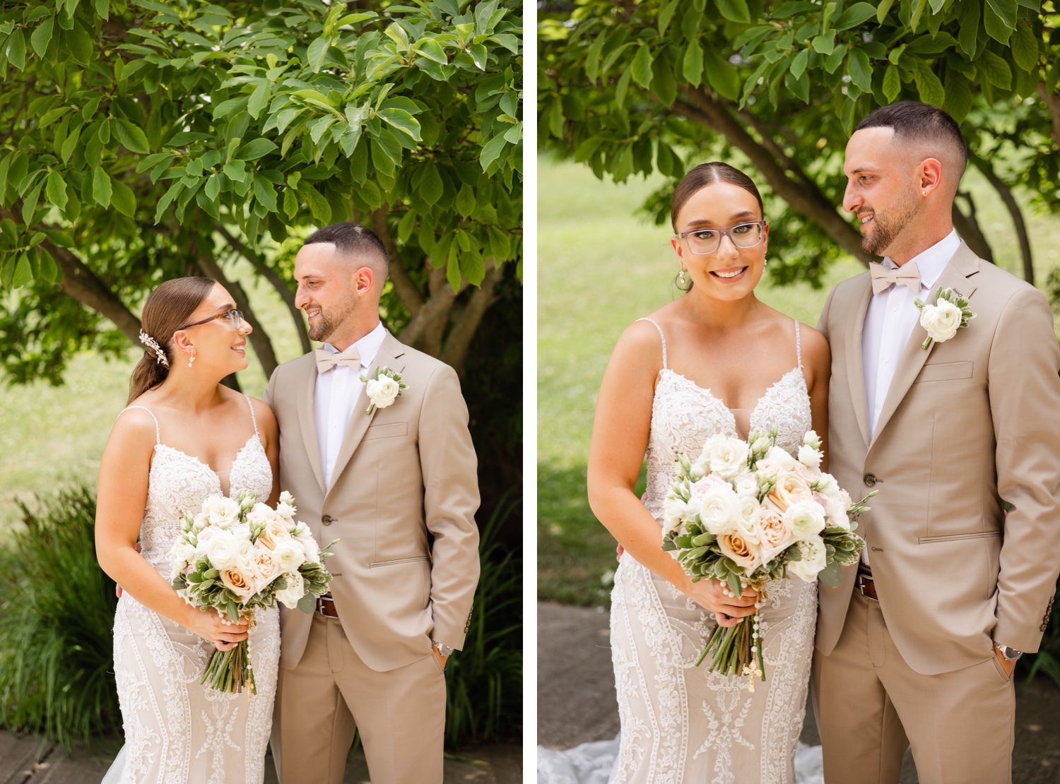 Romantic wedding portraits of couple beneath green foliage wearing beige and white attire.