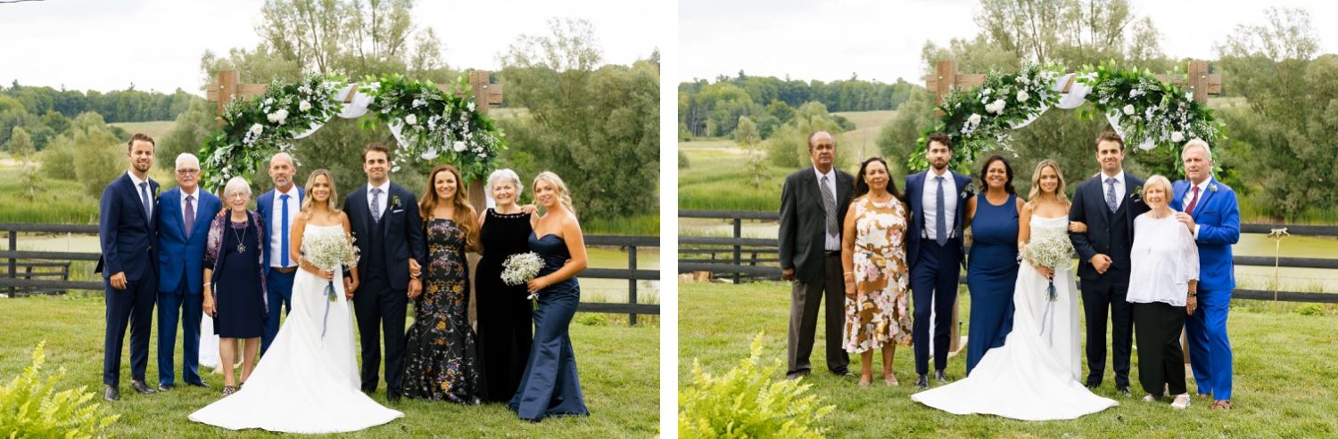 Wedding party and family members pose for formal group photos in an outdoor garden setting.