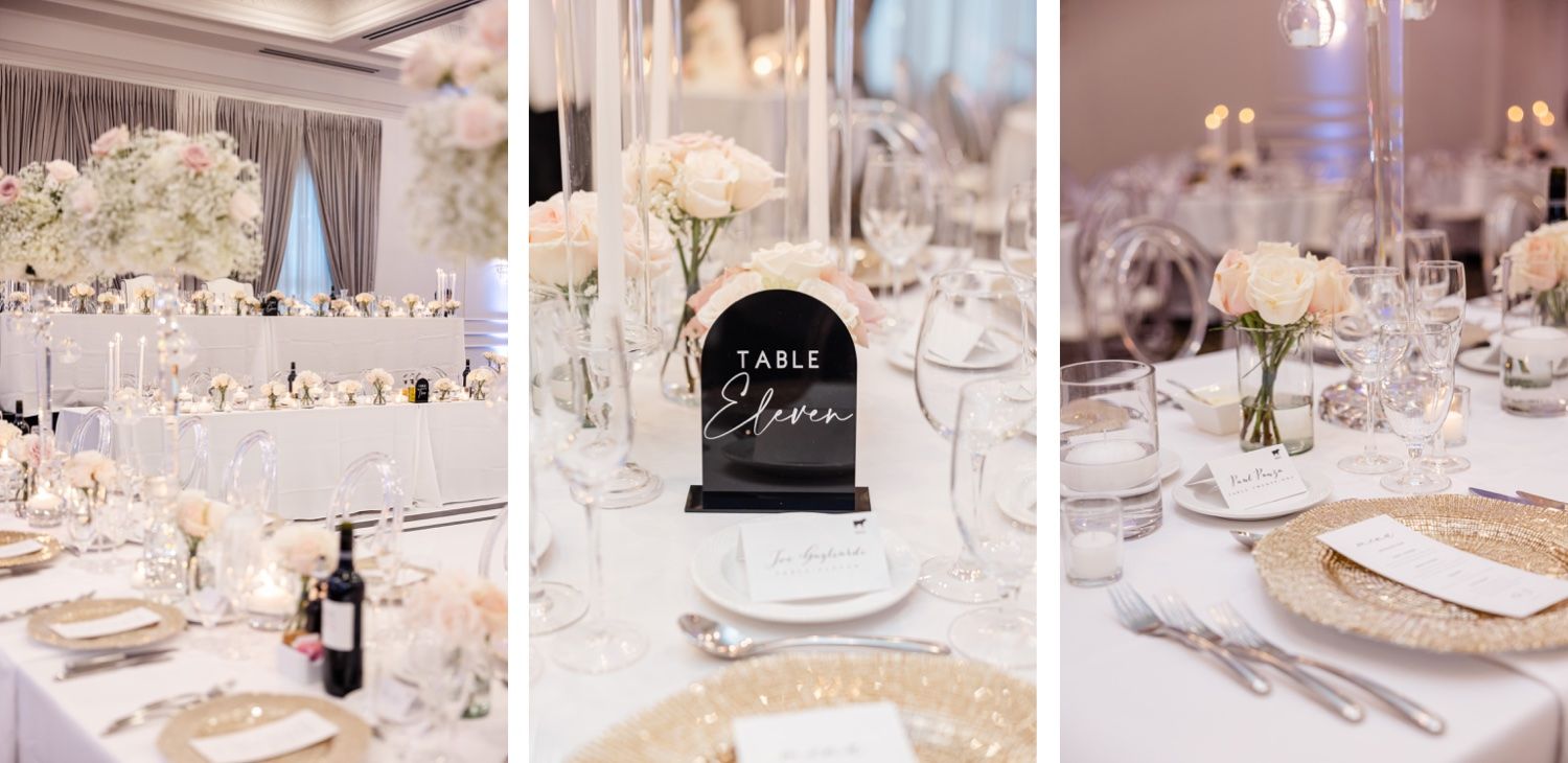 Collection of elegant wedding reception table settings with white and gold accents.