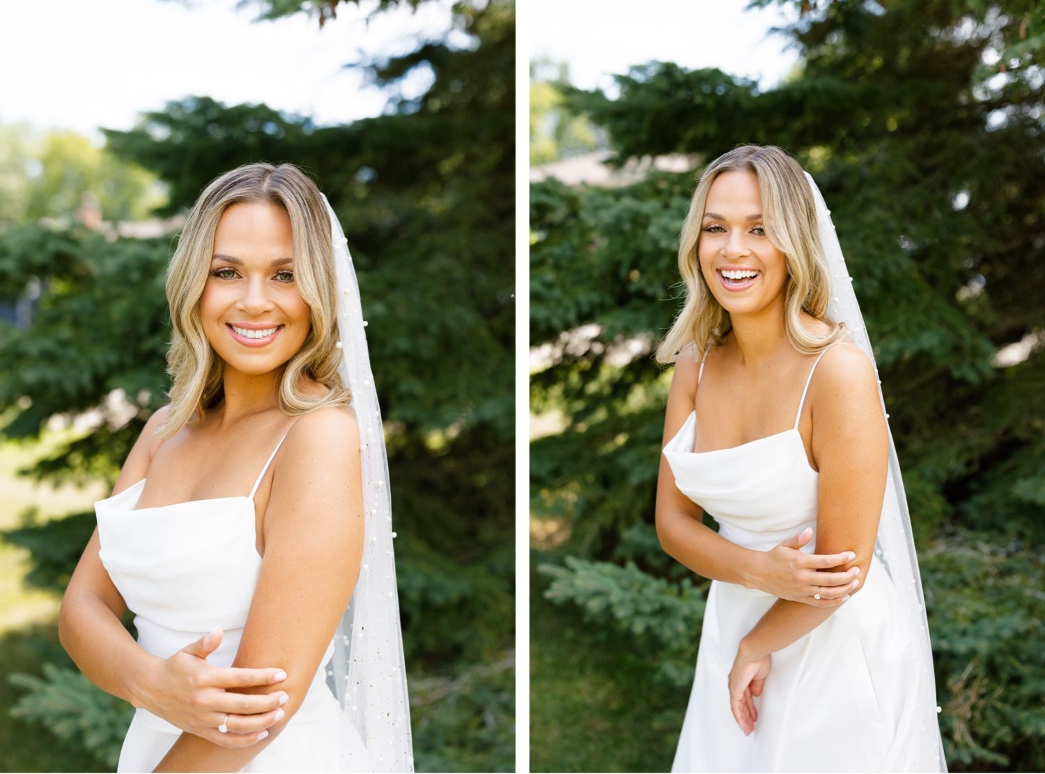 Side-by-side bridal portraits capturing joyful expressions against natural outdoor setting.