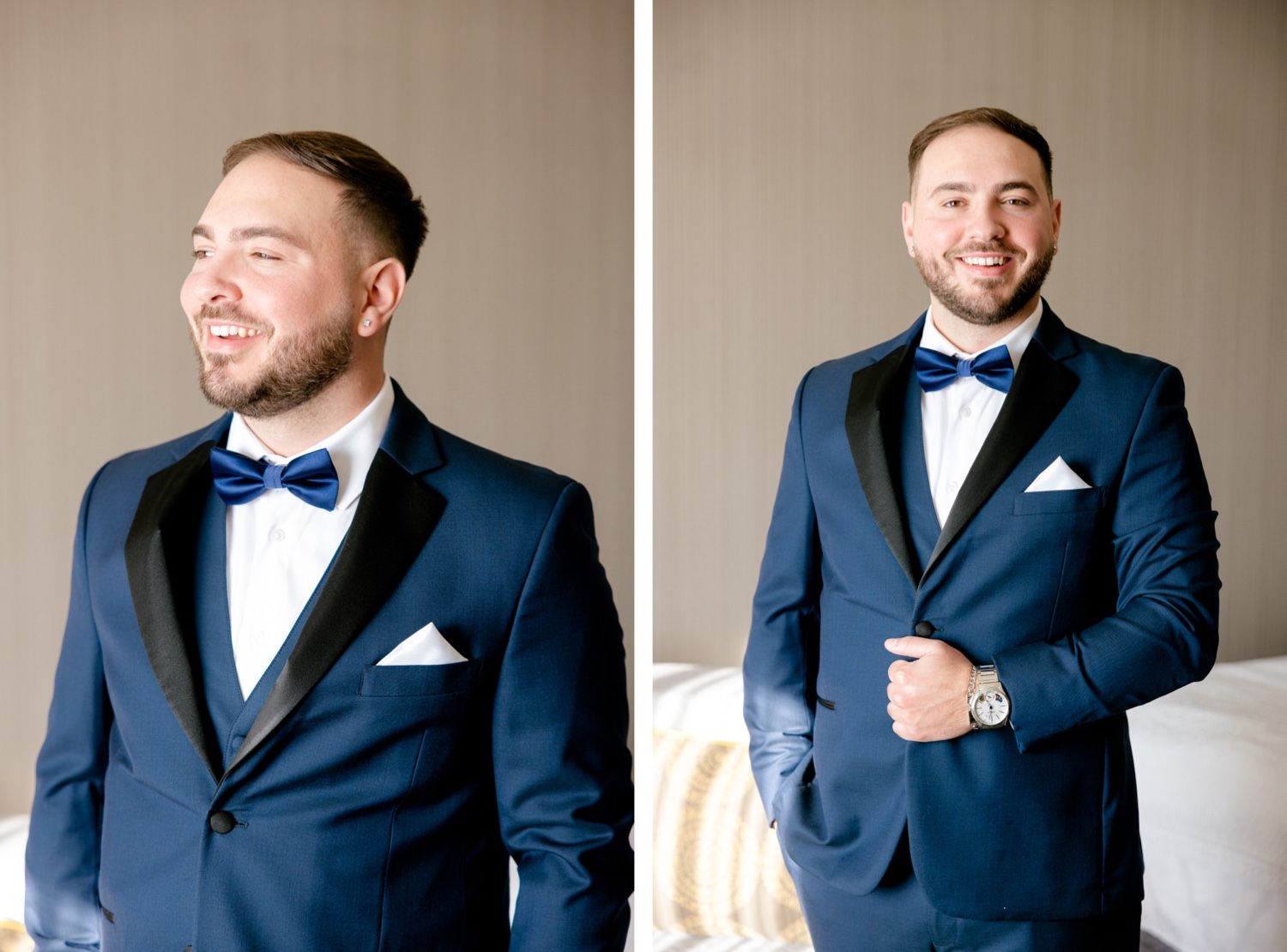 Side-by-side formal portraits in a navy tuxedo with bow tie and pocket square.
