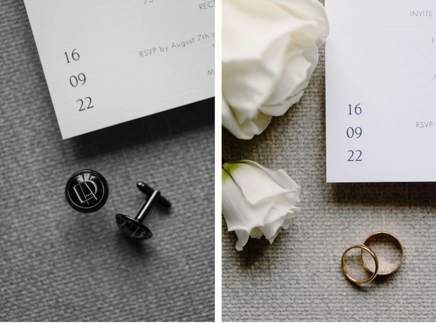 Wedding details including cufflinks, rings and white roses arranged with invitation.