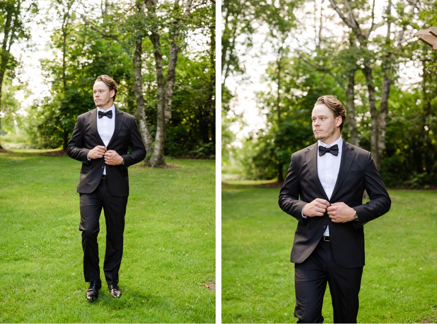 Side-by-side portraits of a groom in formal attire on a grassy lawn with trees in the background.