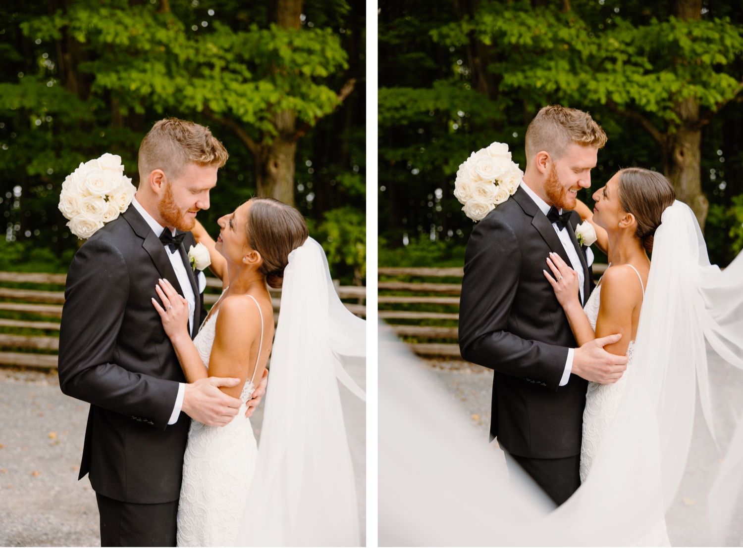 Romantic wedding portrait captured in both color and black and white.