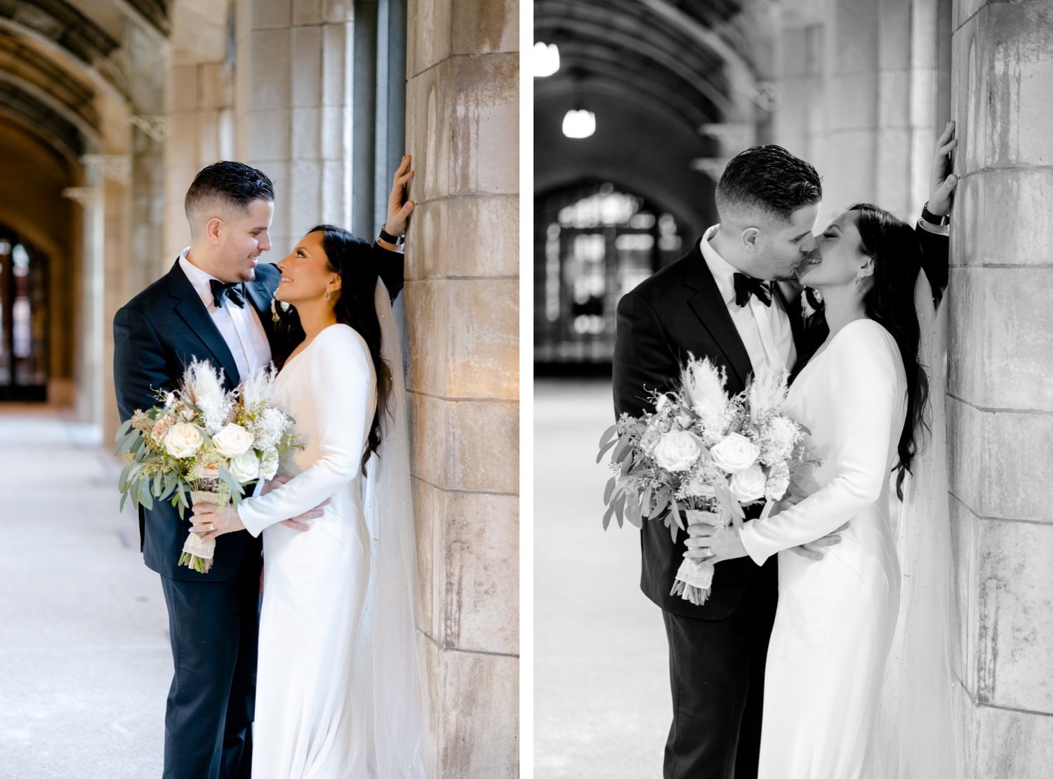 Wedding portraits in a stone corridor showing couple with floral bouquet in both color and black and white.