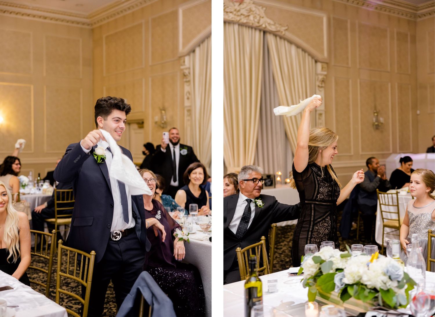 Energetic wedding reception celebration with guests enjoying themselves in an elegant ballroom.