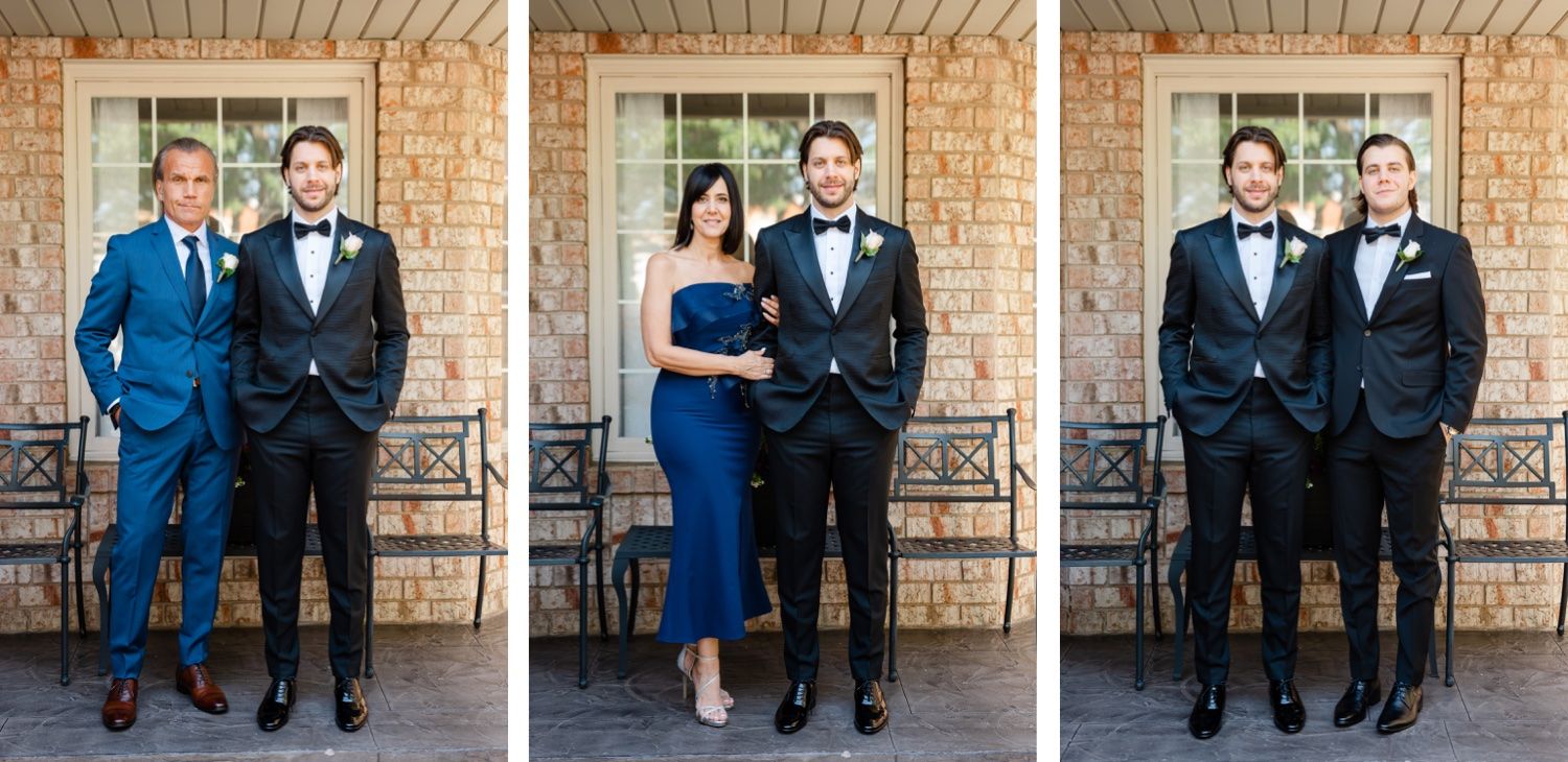 Three portrait shots showing wedding party members in formal attire against brick backdrop.