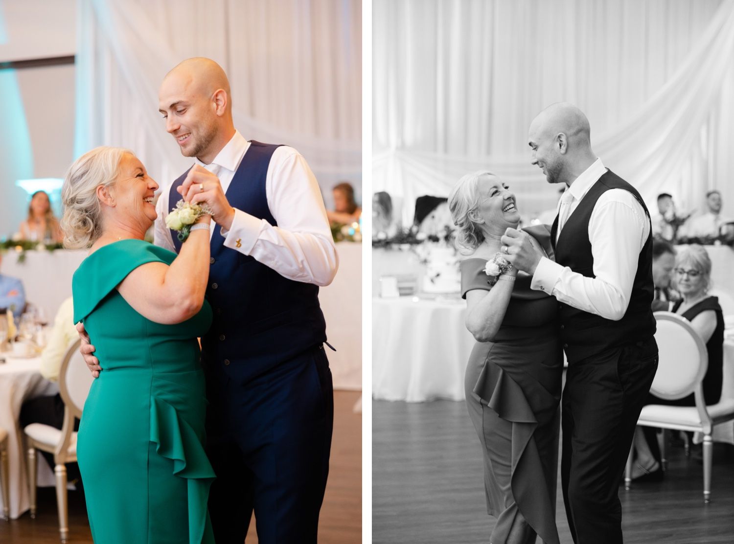 A formal dance between two people in a reception hall shown in color and black and white.