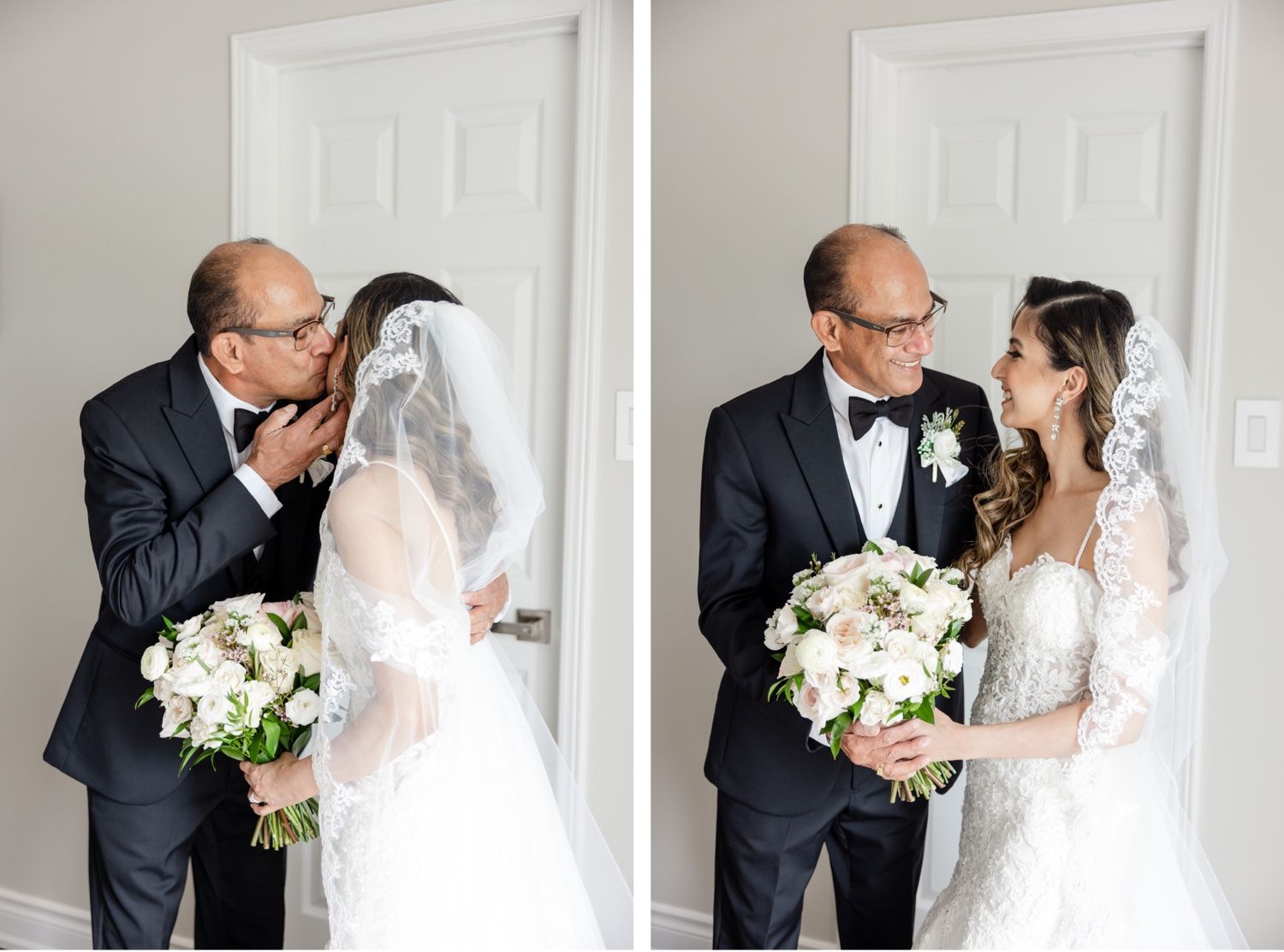 Emotional wedding day moments captured in a split-frame composition.