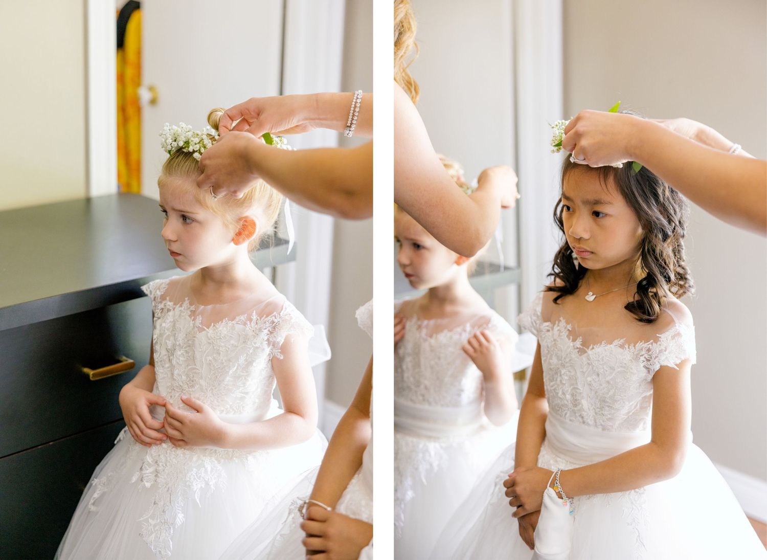 Young flower girls having their hair styled during wedding preparations.