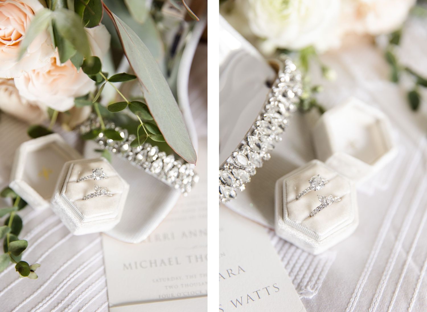 Elegant wedding details including white hexagonal ring boxes and delicate florals on textured fabric.