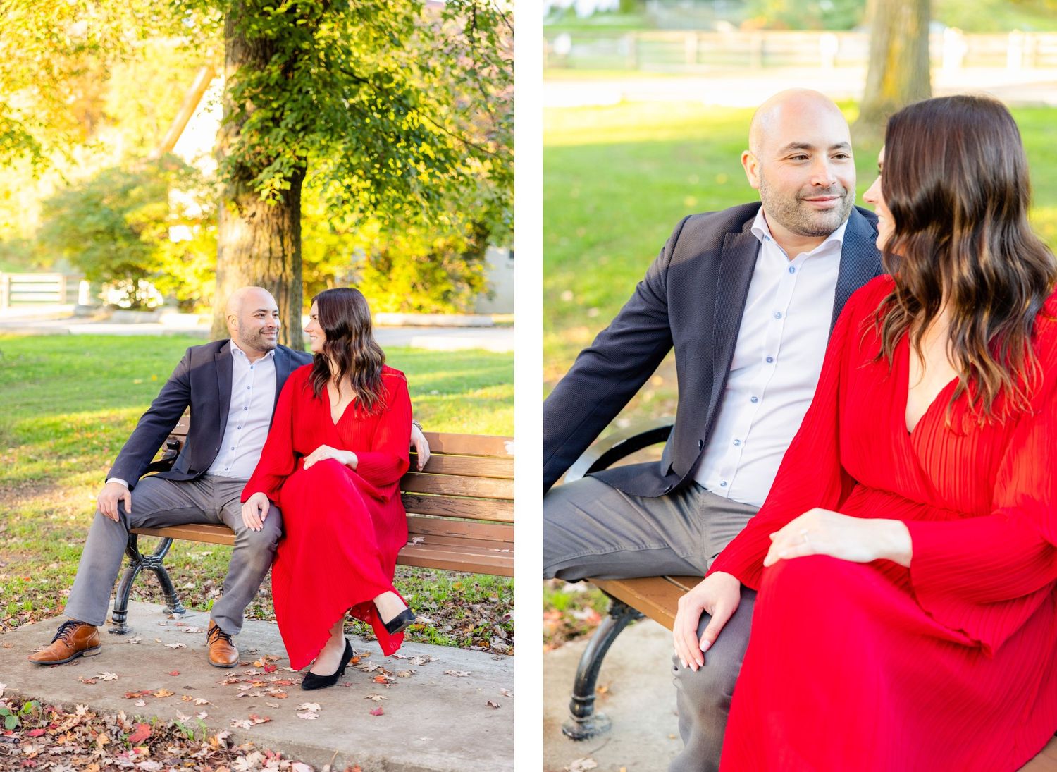Couple relaxing on park bench during fall engagement session shown in split photo composition.