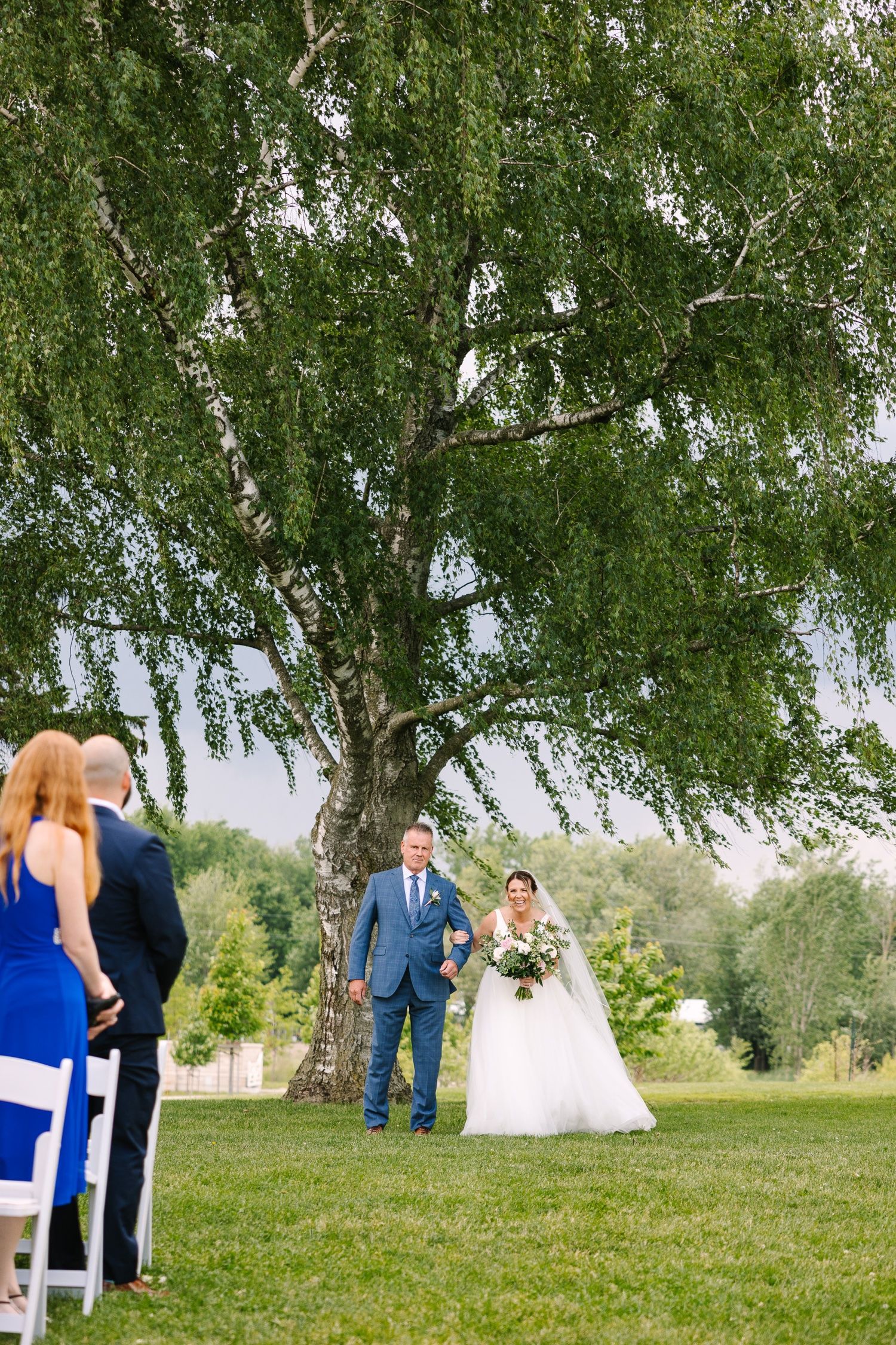 Outdoor wedding ceremony under a majestic birch tree with guests seated on white chairs.