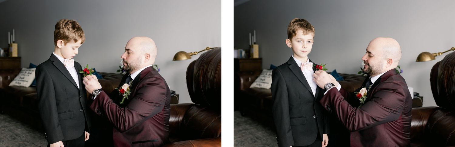 A boutonniere pinning moment between two people in formal attire.