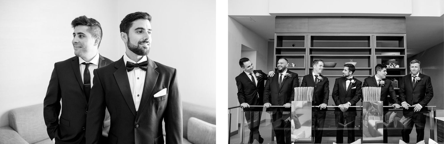 Black and white photos of groomsmen posing in formal attire.