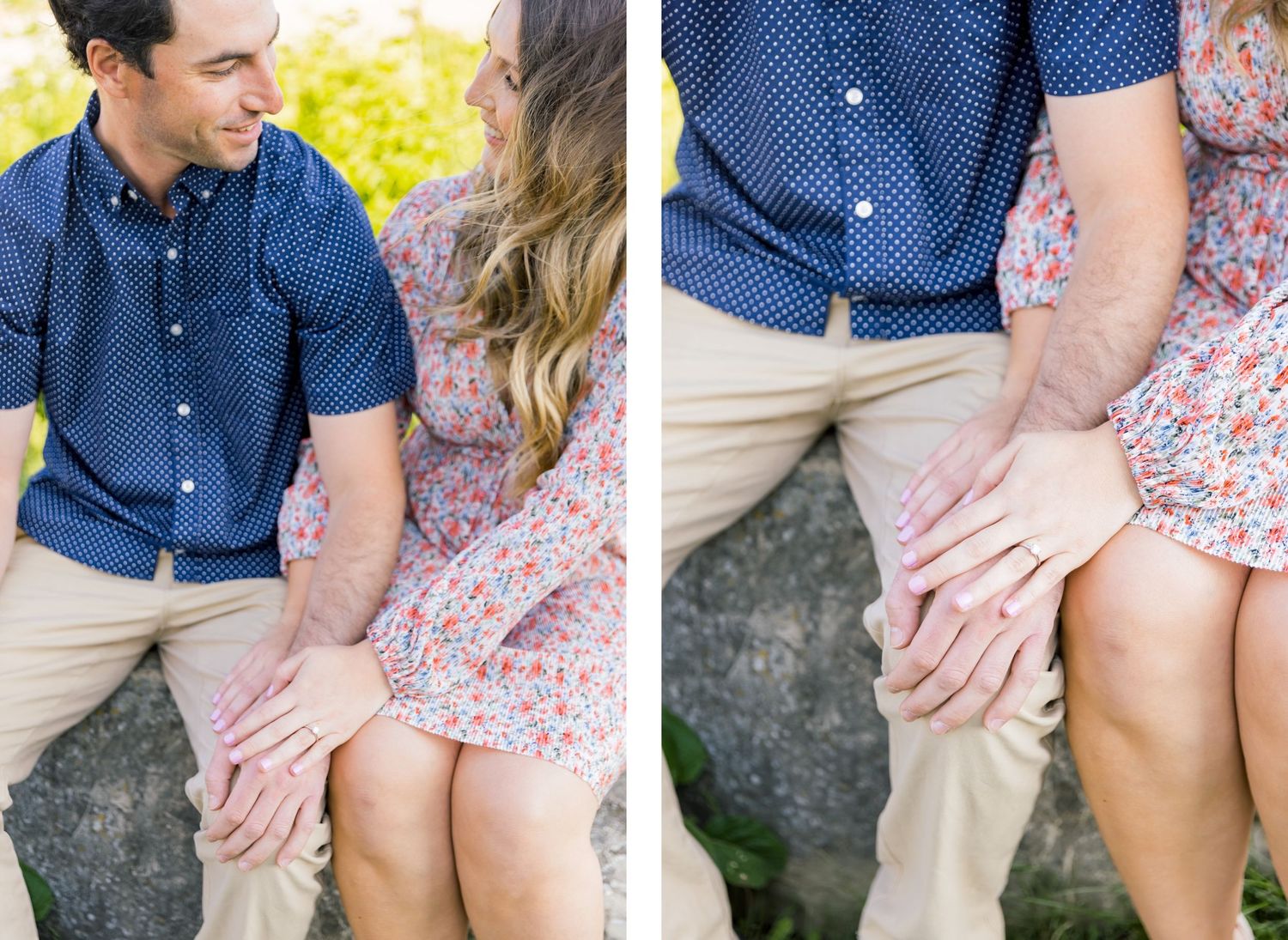 Close-up photos of a couple's hands touching while sitting on coastal rocks.