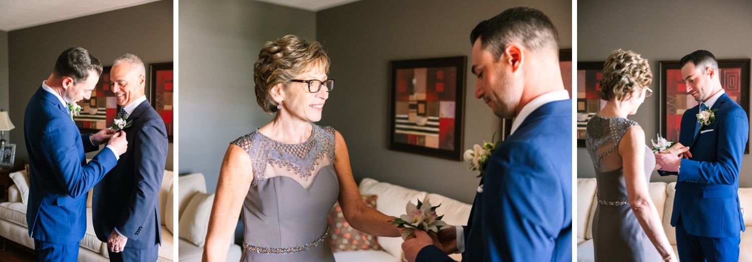 A series of preparations showing formal wear adjustments and final touches.