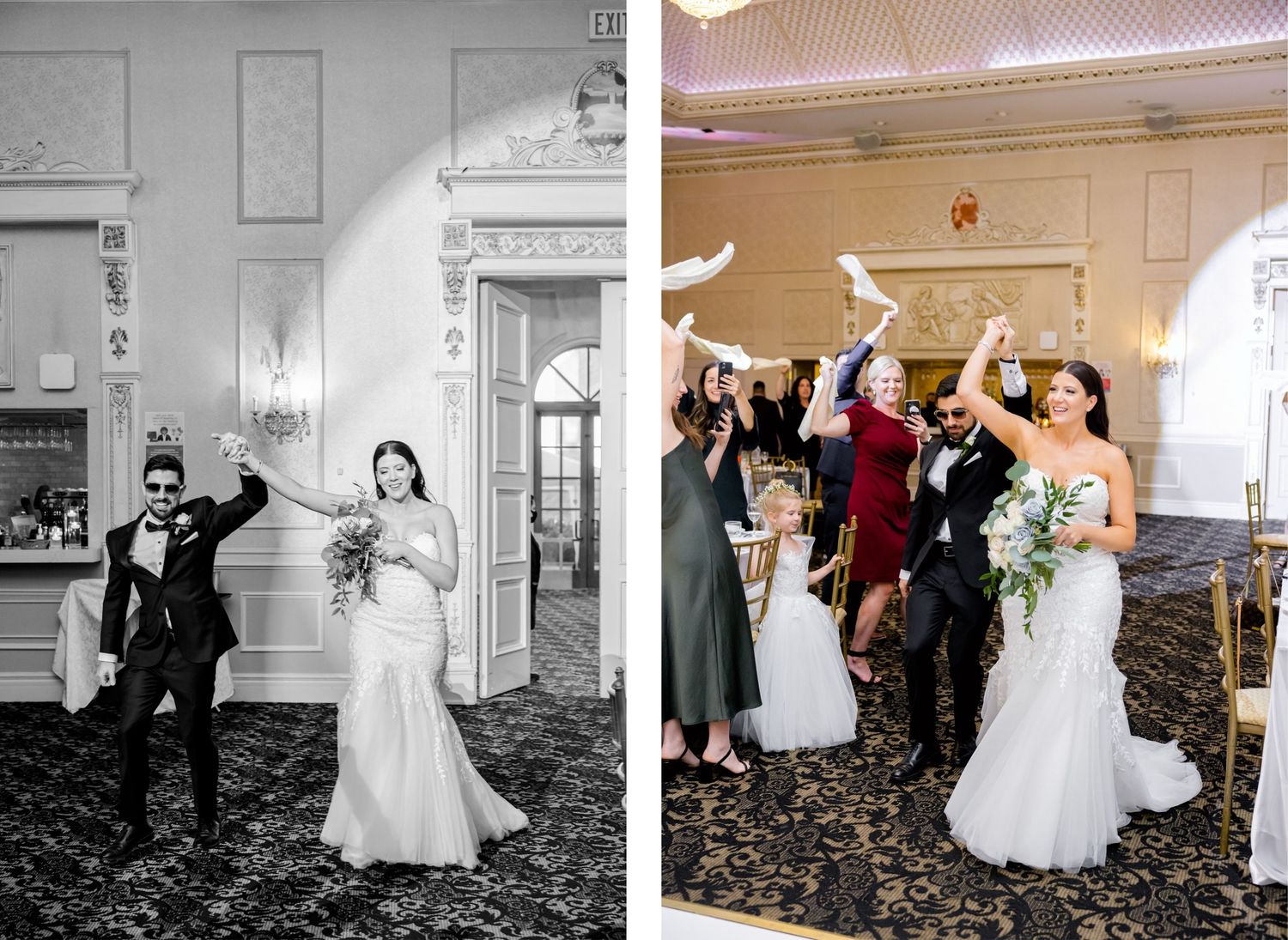 Wedding celebration with guests dancing and cheering in an ornate ballroom.