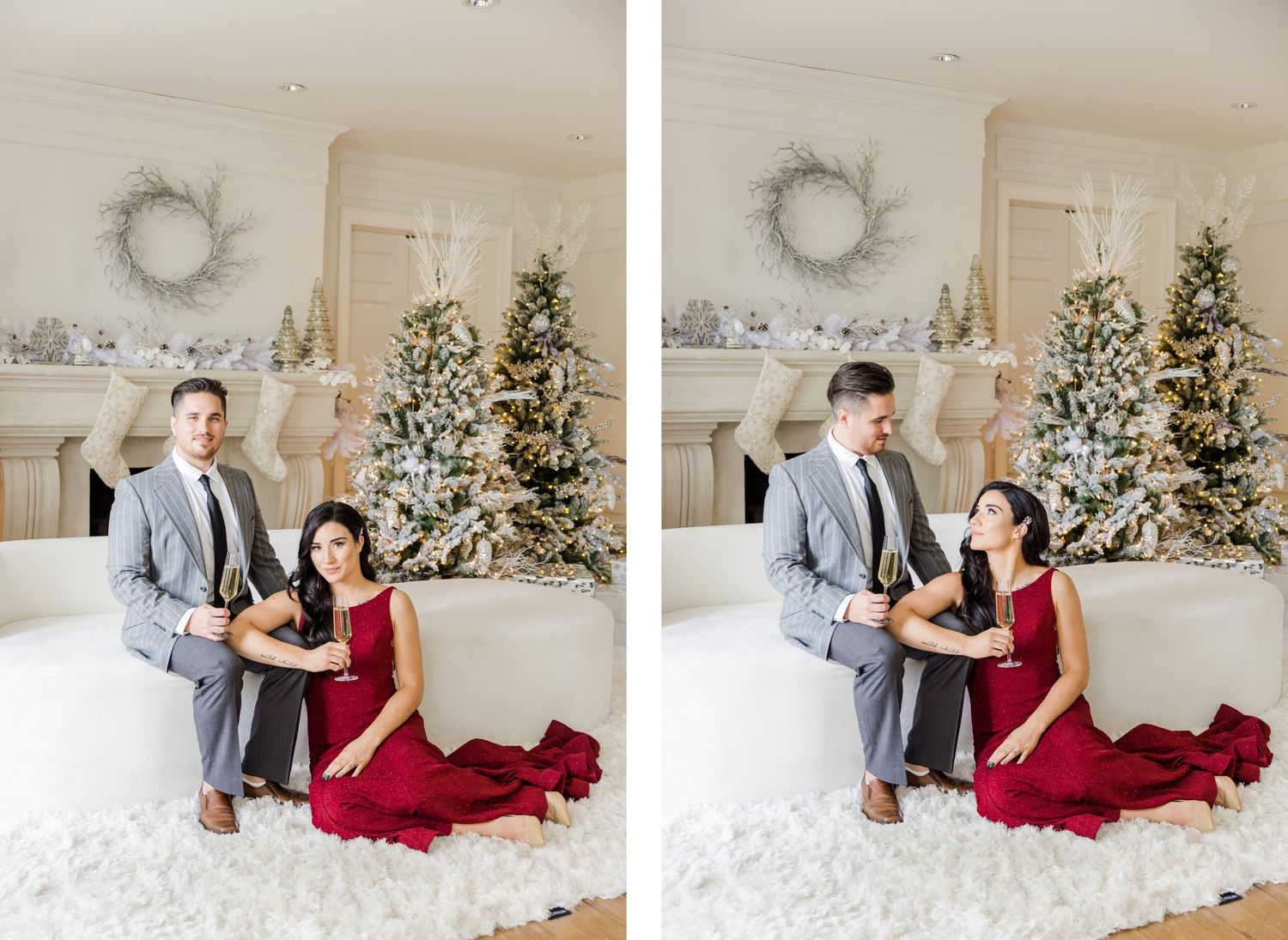 Couple sitting and embracing in front of Christmas trees during a romantic holiday photoshoot.