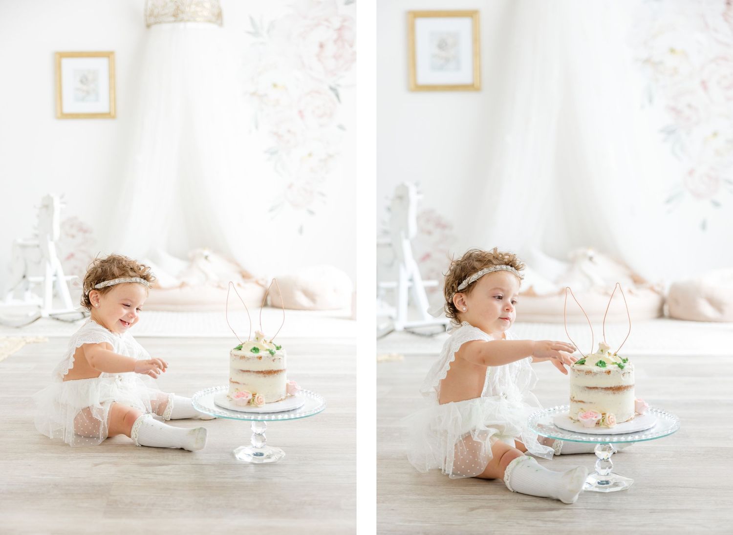 Side by side photos show a toddler in white reaching for an elegant cake on a glass stand.
