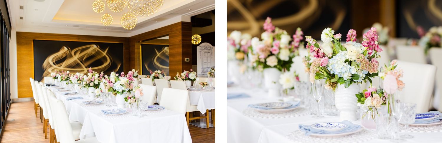 Side-by-side views of elegant dining room with floral centerpieces and place settings.
