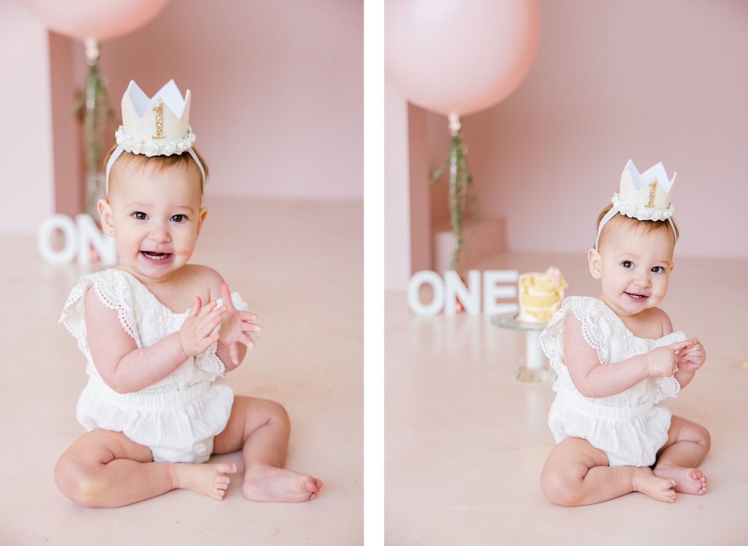 Side by side portraits showing joyful expressions during first birthday photoshoot.