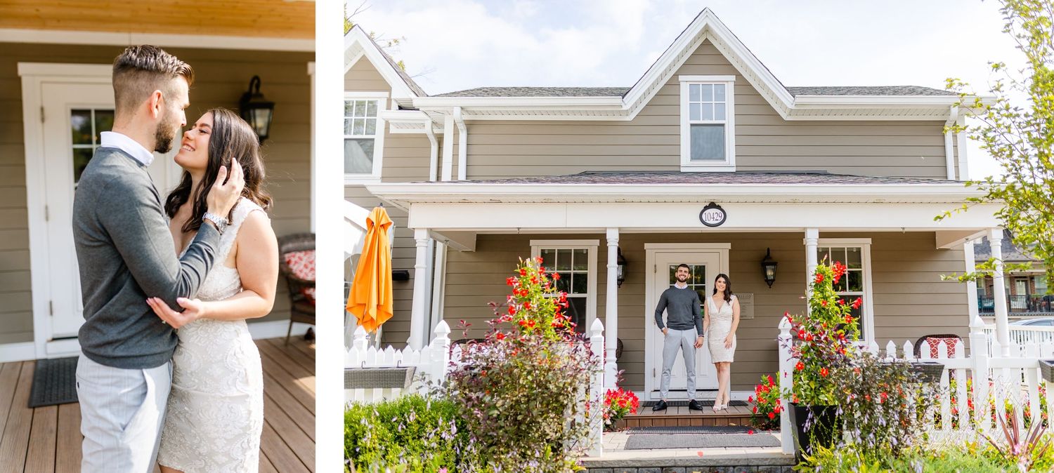 Beautiful farmhouse style home with wrap-around porch and colorful garden landscaping.