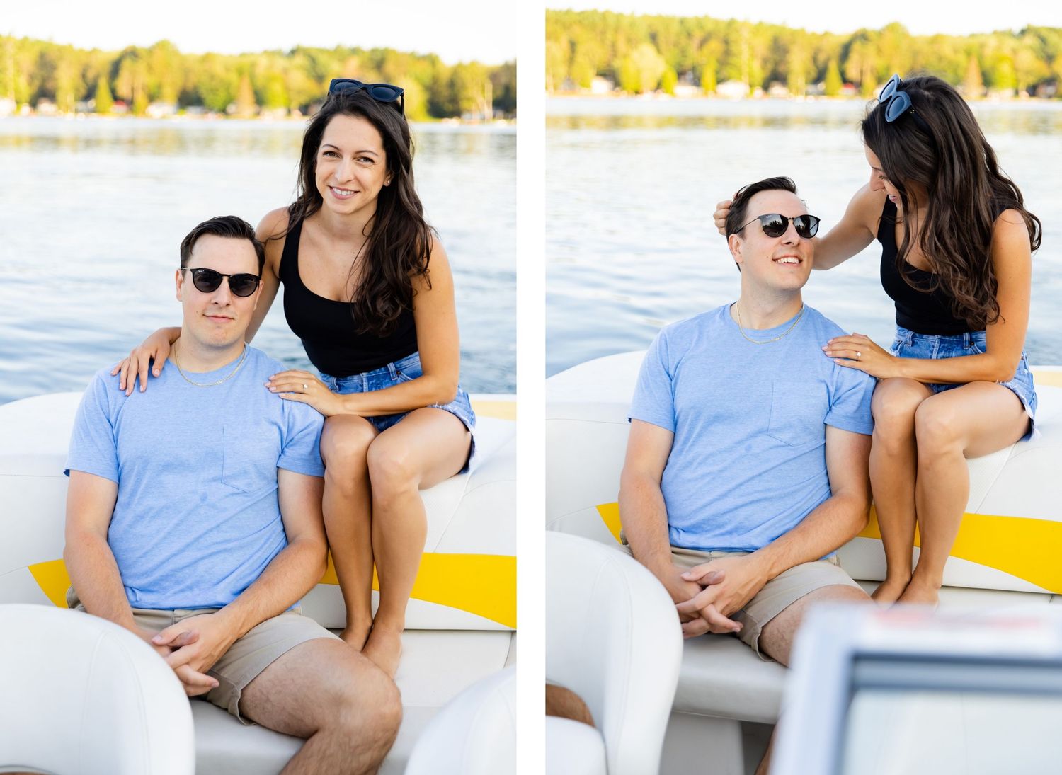 Summer boat engagement photos showing couple in casual attire enjoying time on lake.