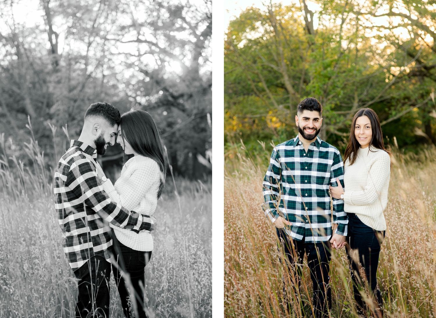 Side by side black and white and color photos of couple posing in autumn field.