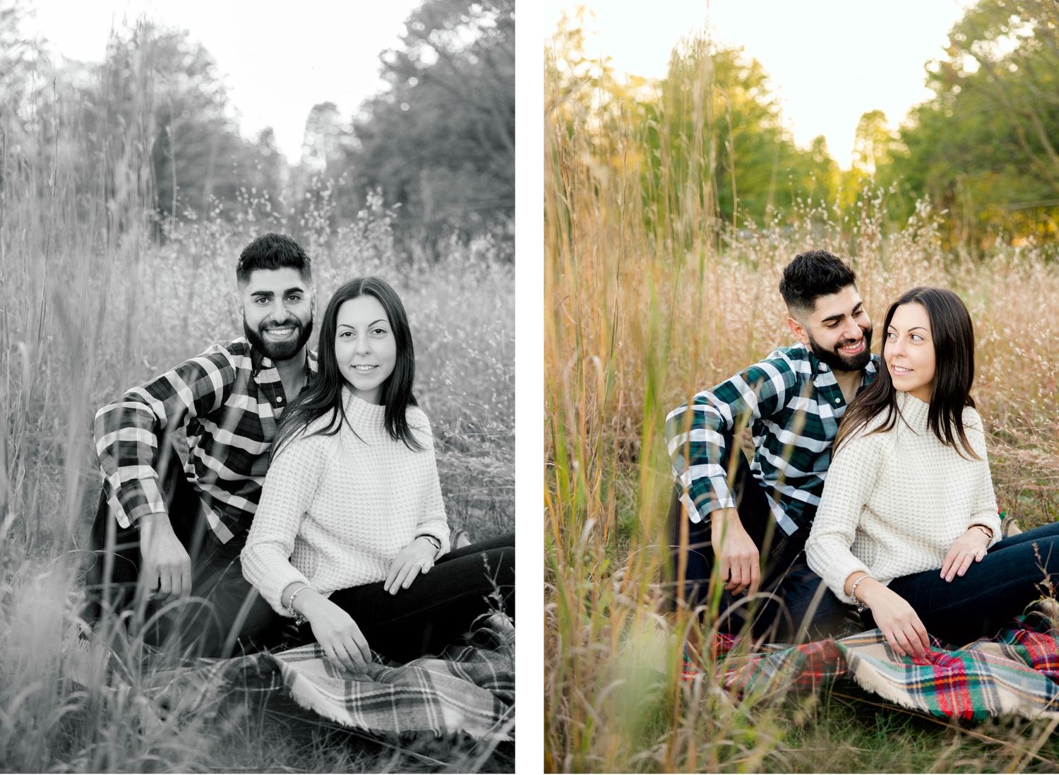 Same photo in color and black and white of couple sitting on plaid blanket in autumn field.