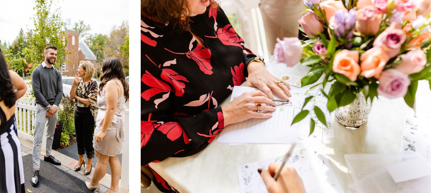Collage showing outdoor event scenes with floral arrangements and document signing.