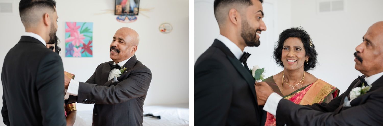 Family members help adjust formal attire and share warm embraces during wedding preparations.