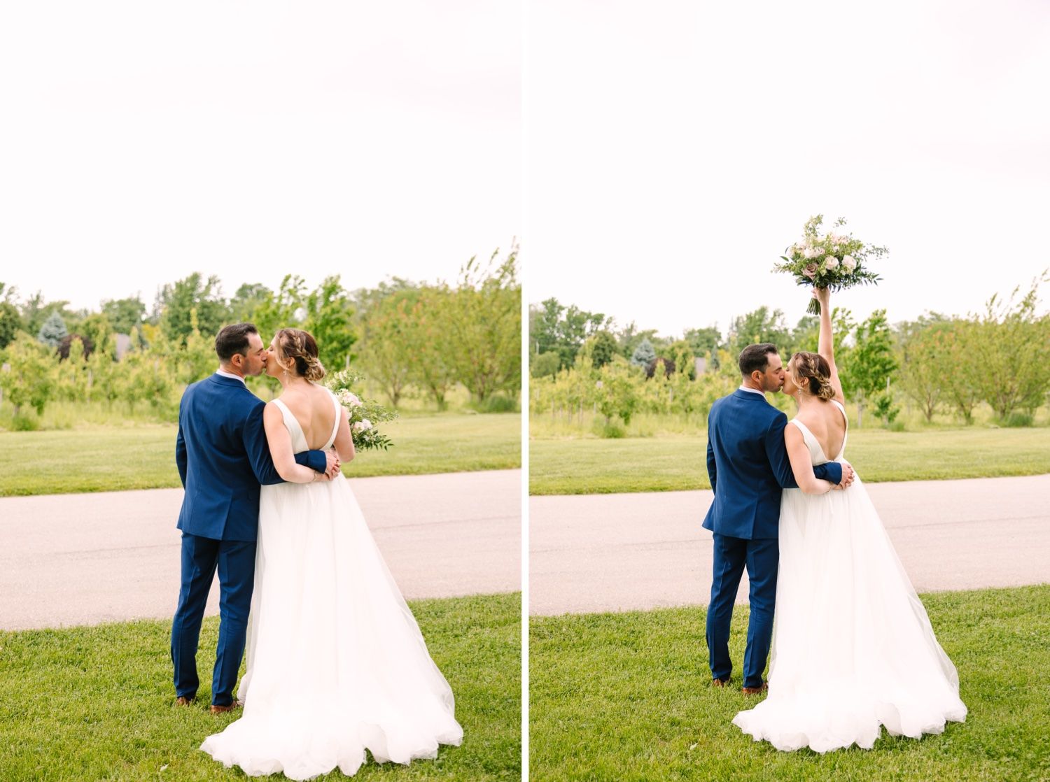 Newlyweds share a romantic moment on their wedding day in a lush outdoor garden setting.