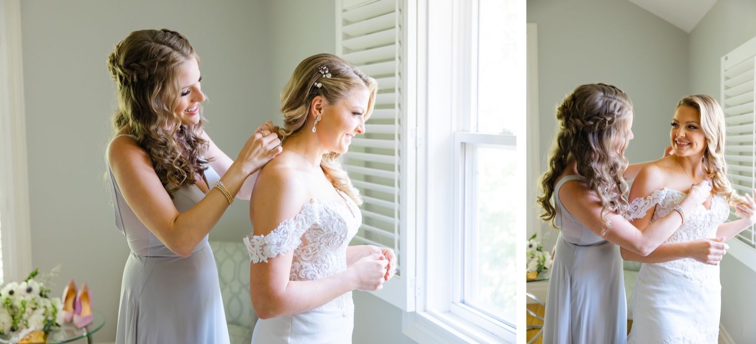 Final touches being made to bridal preparations by window light.