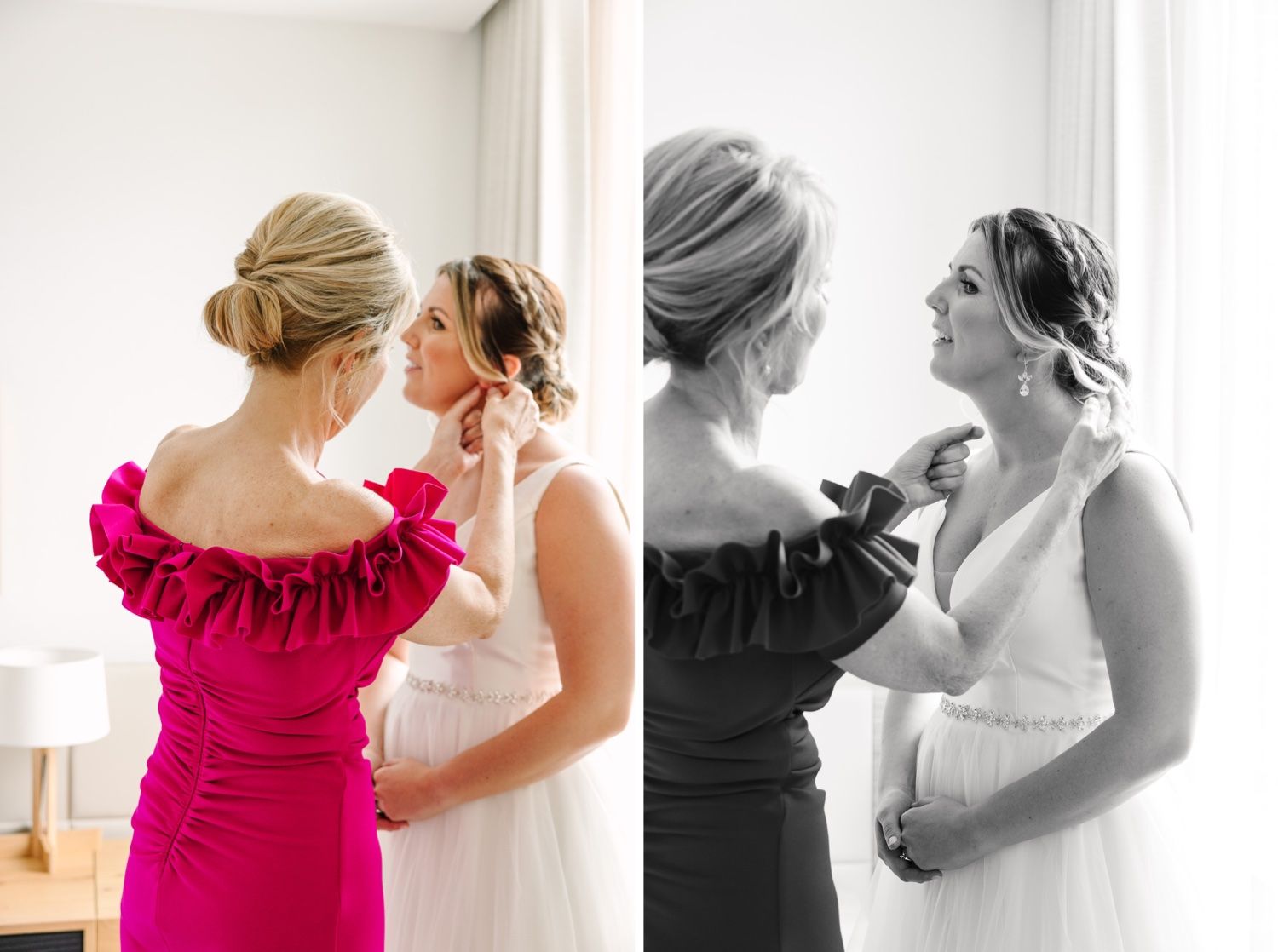 Side-by-side color and black-and-white photos of wedding dress preparation.