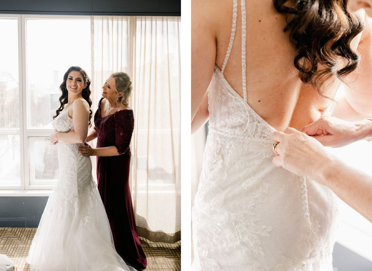 Getting ready moments between bride and helper by a bright hotel window.