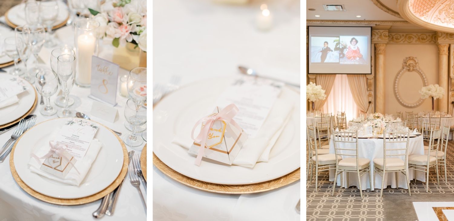 Elegant wedding reception table settings with gold accents and white linens in a classic ballroom.